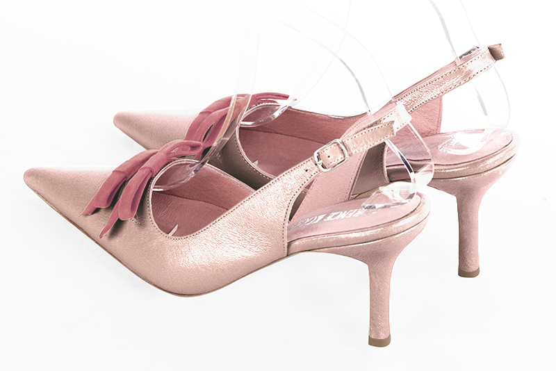 Powder pink women's open back shoes, with a knot. Pointed toe. High slim heel. Rear view - Florence KOOIJMAN